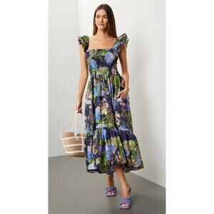 Cara Cara Dress Large Ruby Hydrangea Midi Multi Floral Ruffle Sundress Luxury